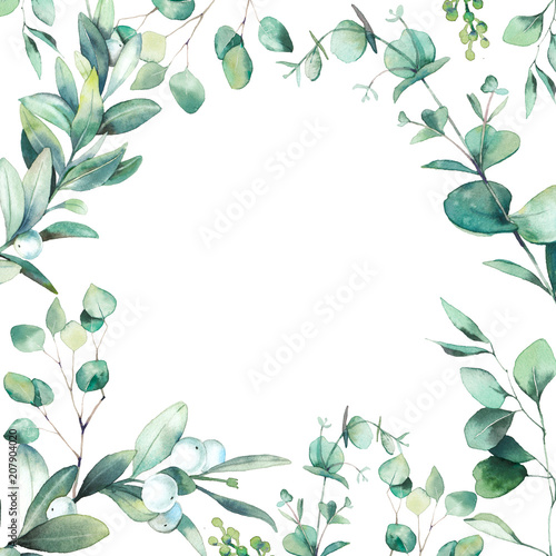 Watercolor floral frame. Hand drawn greeting card design with green leaves and branches isolated on white background. Eucalyptus, snowberry plants illustration