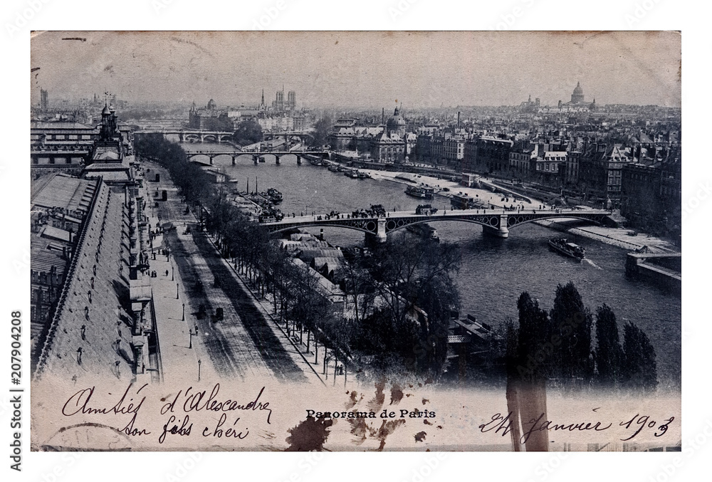 Paris city panorama, circa 1903, vintage postcard printed in France, retro travel diversity
