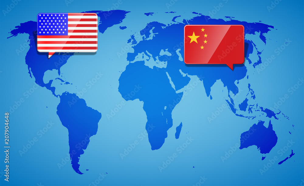 Obraz premium USA and China at the blue World Map background. Trade war with America and China. International business global exchange concept. Vector