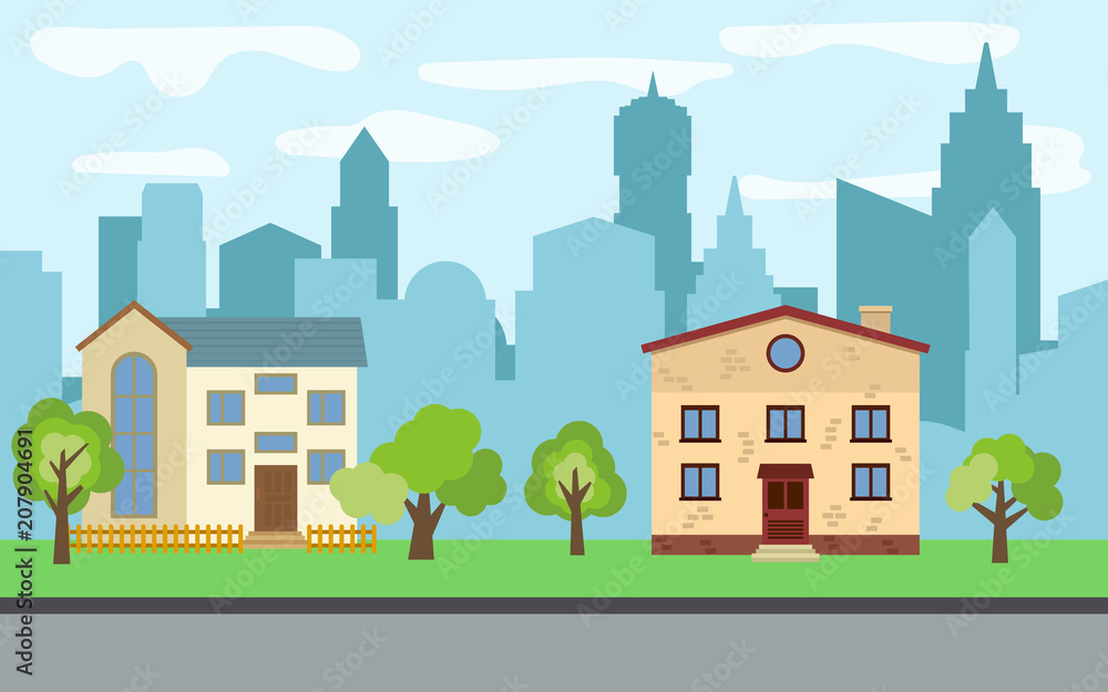 Vector city with two two-story cartoon houses and green trees in the sunny day. Summer urban landscape. Street view with cityscape on a background
Vector city with two two-story cartoon houses and green trees in the sunny day. Summer urban landscape. Street view with cityscape on a background