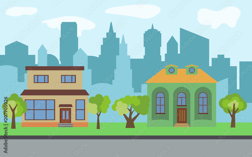 Vector city with two two-story cartoon houses and green trees in the sunny day. Summer urban landscape. Street view with cityscape on a background
