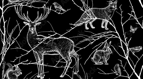 Seamless pattern with forest animals, birds and tree branches.