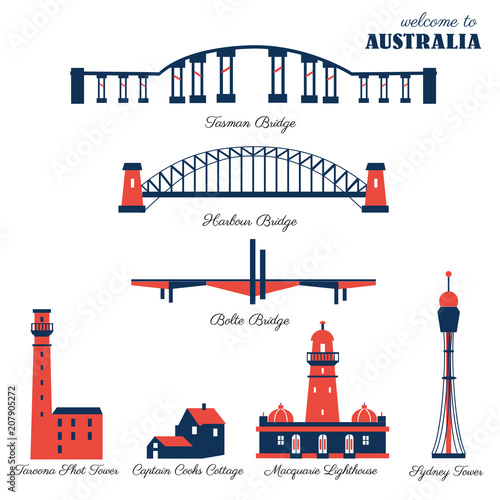 Australian landmark Macquarie Lighthouse, Sydney Tower, Tasman Bridge, Harbour, Bolte Bridge, Taroona Shot Tower, Captain Cooks Cottage hand drawn vector symbol isolated, decorative icon building