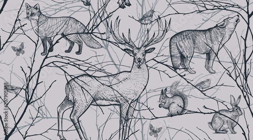 Seamless pattern with forest animals, birds and tree branches.