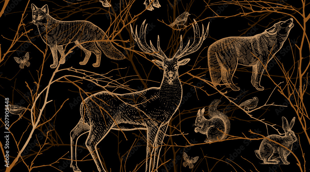Fototapeta Seamless pattern with animals, birds and tree branches.