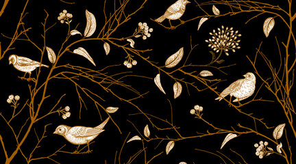 Handdoek met foto Bruin patronen Bosvogels en boomtakken patroon  © marinavorona