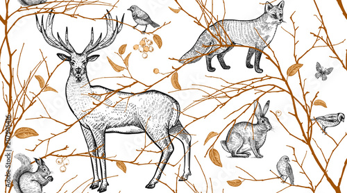 Seamless pattern with animals, birds and tree branches.