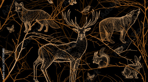 Seamless pattern with animals, birds and tree branches.