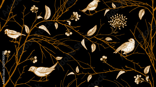 Seamless pattern with forest birds and tree branches.