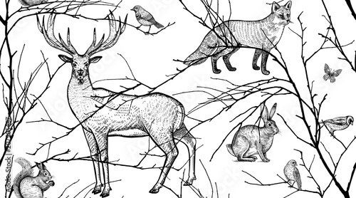 Seamless pattern with animals, birds and tree branches.