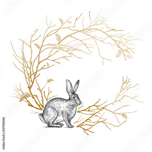 Decorative frame with tree branches and hare.