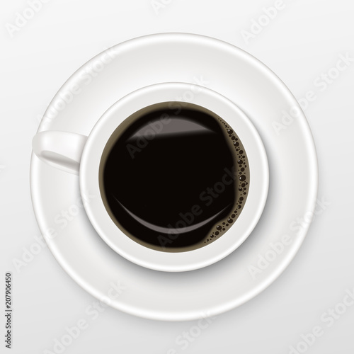 Realistic of hot black coffee in a white Cup of Coffee on saucer with black coffee, top view and isolated on white background.