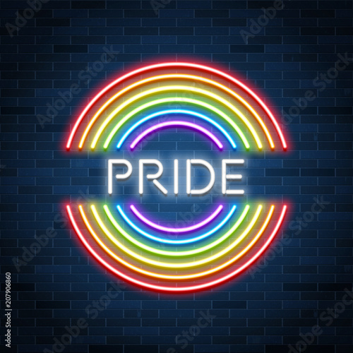 Neon LGBT pride sign, glowing rainbow, gay love celebration, vector illustration