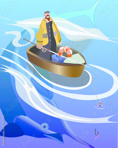 Fat fisherman catching a big fish in boat on sea - swordfish swimming under water