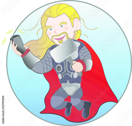 Superhero viking with magic hammer taking selfie photo