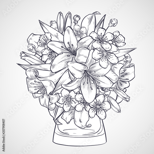 Bouquet of flowers of lily and sakura