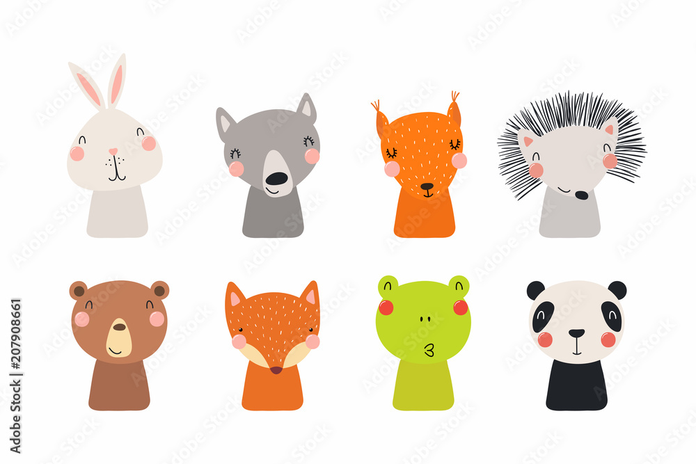Set of cute funny little animals bear, panda, bunny, wolf, frog, fox, hedgehog, squirrel. Isolated objects on white. Vector illustration. Scandinavian style flat design. Concept for children print Set of cute funny little animals bear, panda, bunny, wolf, frog, fox, hedgehog, squirrel. Isolated objects on white. Vector illustration. Scandinavian style flat design. Concept for children print