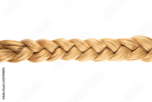 blond plait or braid of blond hair isolated on white background