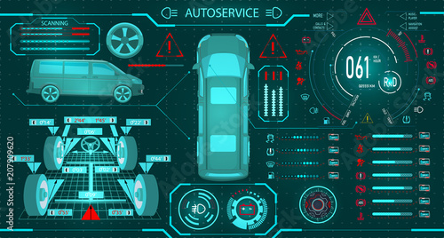 Car service. Scanning a minibus. Diagnostic alignment of the wheels. Car digital car dashboard. Graphic display. illustration