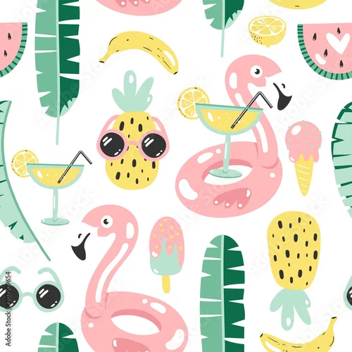 Tapety Kolorowy wzór bezszwowe lato z ręcznie rysowane elementy plaży.