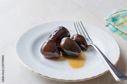 Turkish Style Crispy Fig Dessert served with Plate and Fork   Fruit Jam Dessert