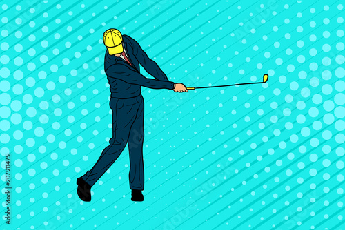 Businessman playing golf in the style of pop art