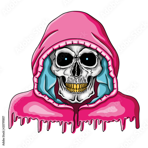 Vector illustration of human skull with golden teeth and pink hood