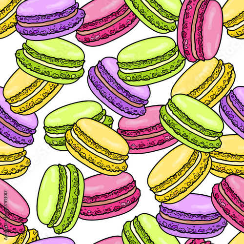 Macaroon seamless pattern. Sweet french macaron background in sketch style. Vector illustration