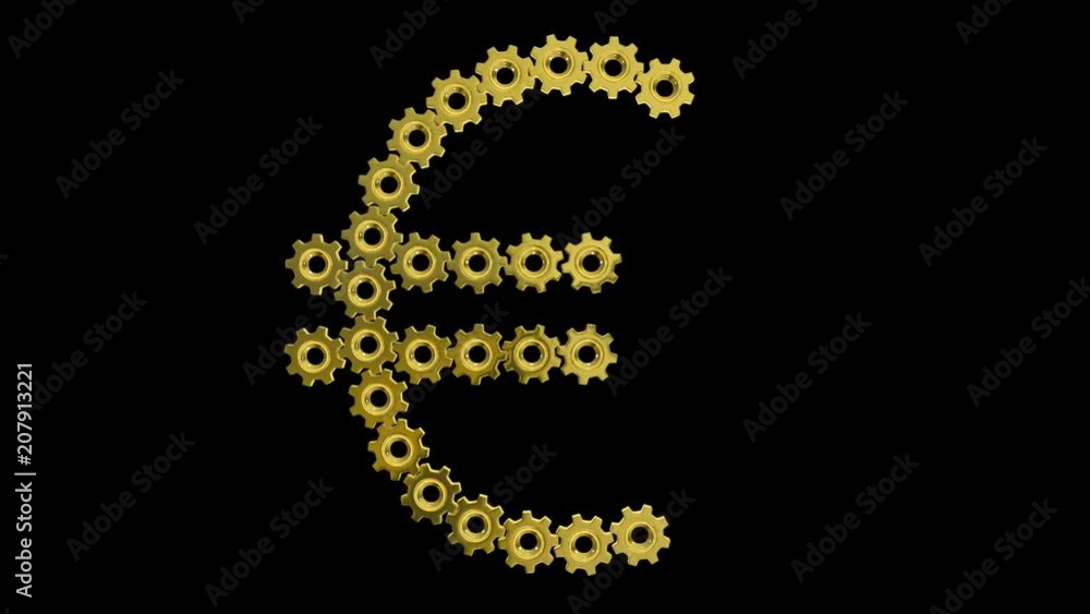 Golden gears Euro sign. Seamless loop 3d animation on black background. Golden gears Euro sign. Seamless loop 3d animation on black background.