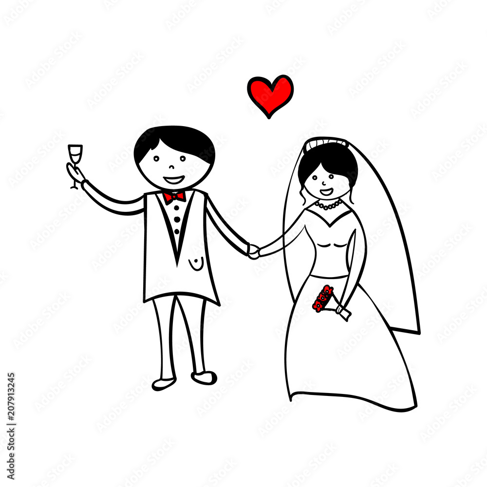 Hand drawing cartoon happy couple wedding - Illustration, together, love.  Stock Vector | Adobe Stock