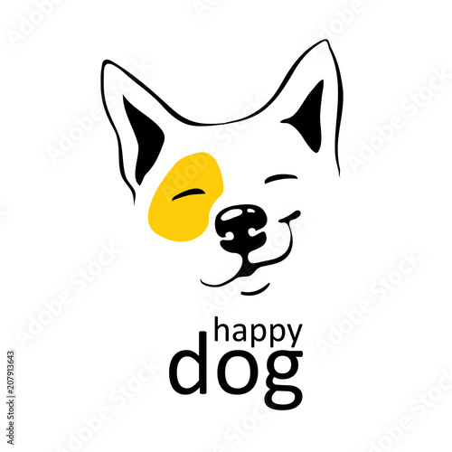happy dog logo on white background with yellow accent on left eye Smile smirk on his face Thin black lines Cute smiling hound Hand-draw vector isolated Can use as logo emblem emoji emoticons, mascot.