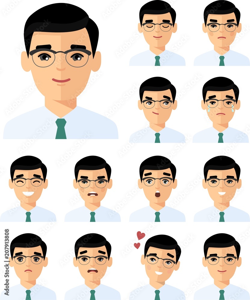 Set of different avatar people male in colorful flat style. Collection of various emotion expression avatar man happy, angry, sad, funny. Set of different avatar people male in colorful flat style. Collection of various emotion expression avatar man happy, angry, sad, funny.
