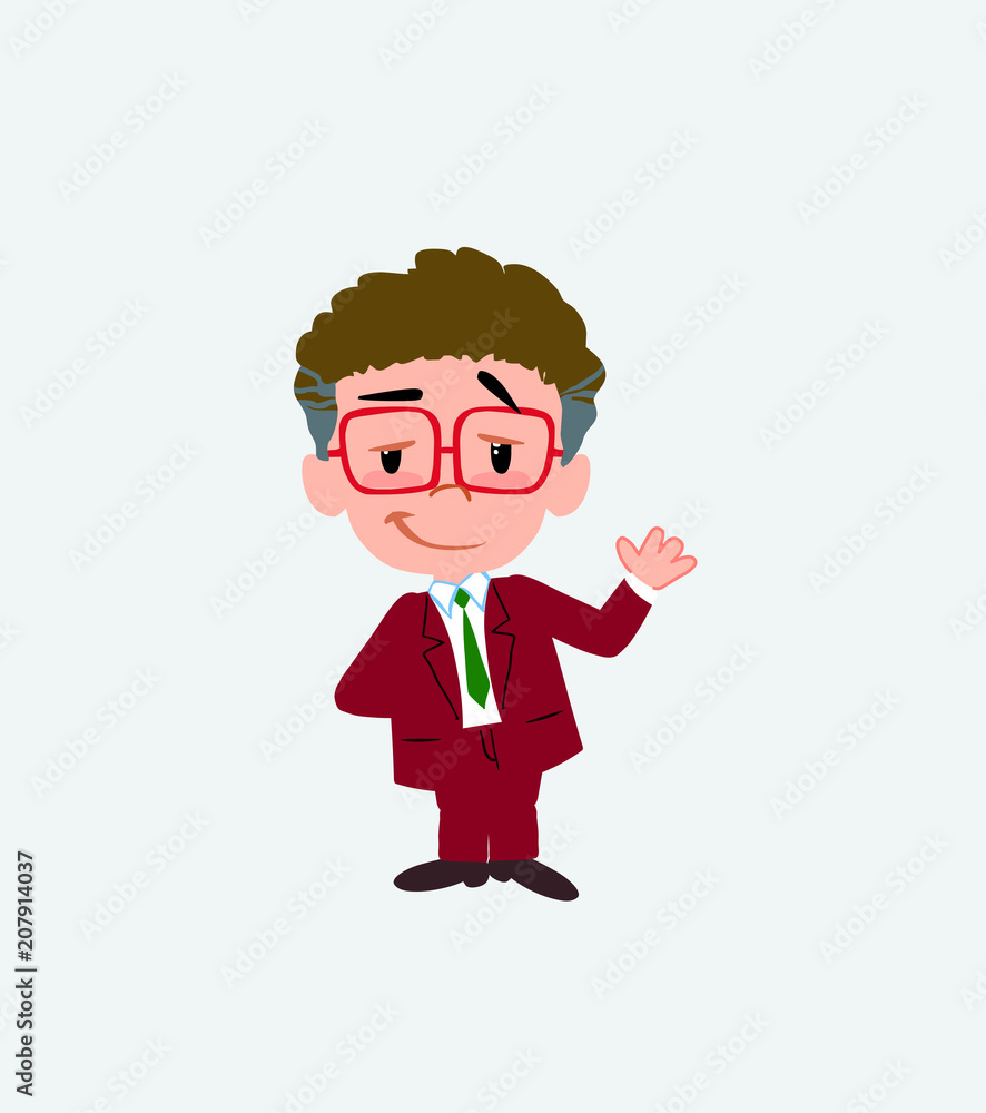 Businessman with glasses waving with a dreamy expression.