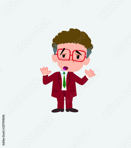 Businessman with glasses makes a gesture of tired resignation.