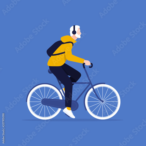The old man is riding a bicycle. Rest and vacation. Healthy lifestyle. Vector flat illustration.