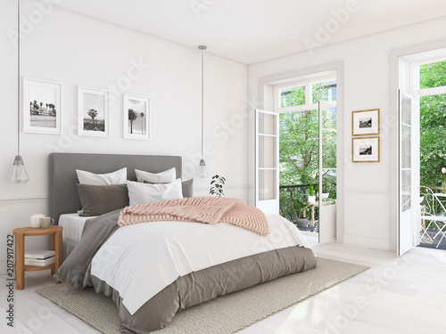 new modern bedroom in a apartment. 3d rendering photo