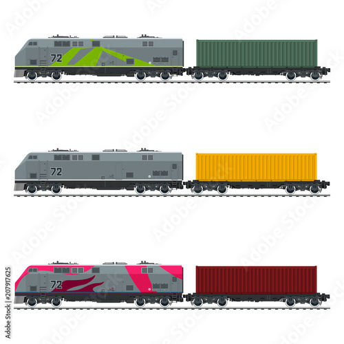 Three Types of Train, Locomotive with Cargo Container on Railroad Platform , Railway and Container Transport, Vector Illustration