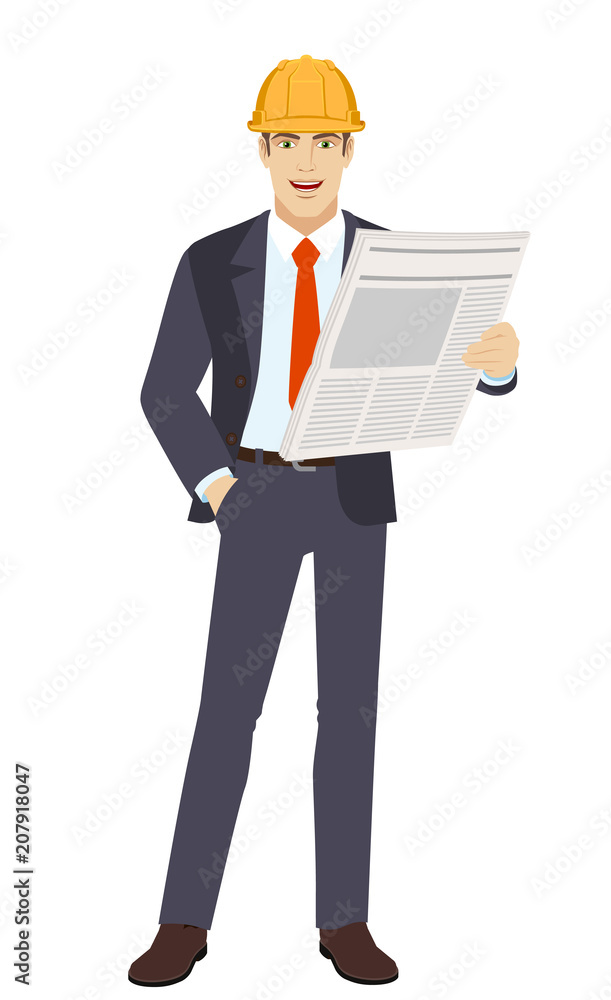 Businessman in construction helmet with newspaper and with hand in pocket Businessman in construction helmet with newspaper and with hand in pocket