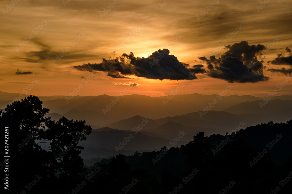 beautiful Sunset with mountain view in Mae Hong Son's city, North of THAILAND.