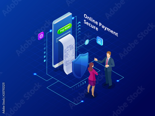 Isometric online payment online concept. Internet payments, protection money transfer, online bank vector illustration
