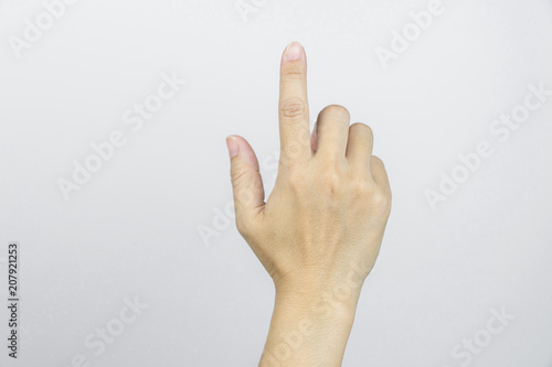 Hand female index finger on white background.