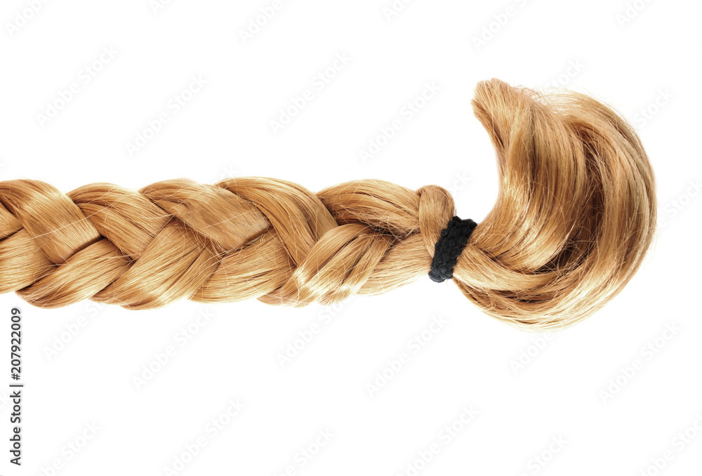 blond plait or braid of blond hair isolated on white background - obrazy, fototapety, plakaty 
