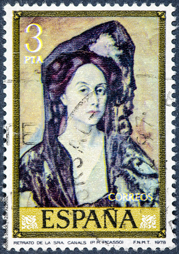 stamp printed by Spain, shows Portrait of Mrs. Canals by Pablo Ruiz Picasso