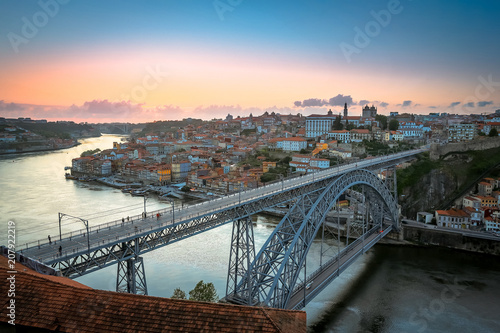 Porto by night. Cityscape over the Douro River and Dom Luis Bridge