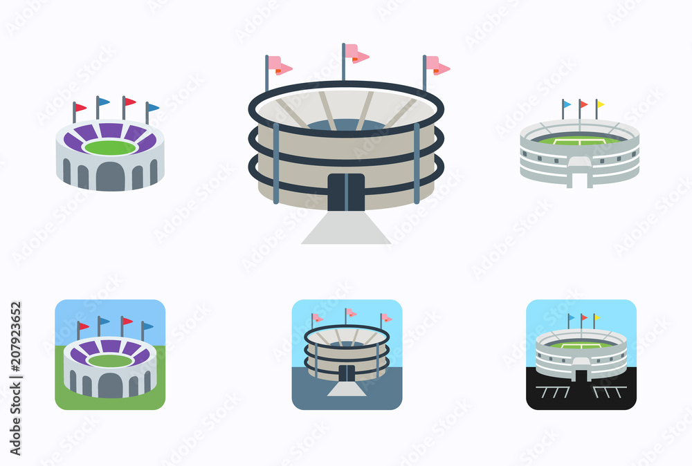 Set of football stadiums arenas vector illustration symbols, icons in flat style isolated. Soccer stadium buildings collection pack.