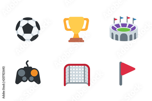 Football, soccer flat icons set. Ball, trophy cup, joy stick, stadium gate, flag vector illustration symbols, emoticons, emojis collection, pack.