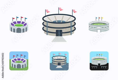 Set of football stadiums arenas vector illustration symbols, icons in flat style isolated. Soccer stadium buildings collection pack. photo