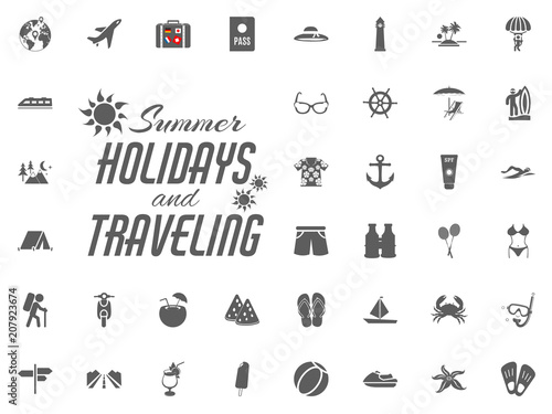 Summer holidays and Traveling vector icons set.