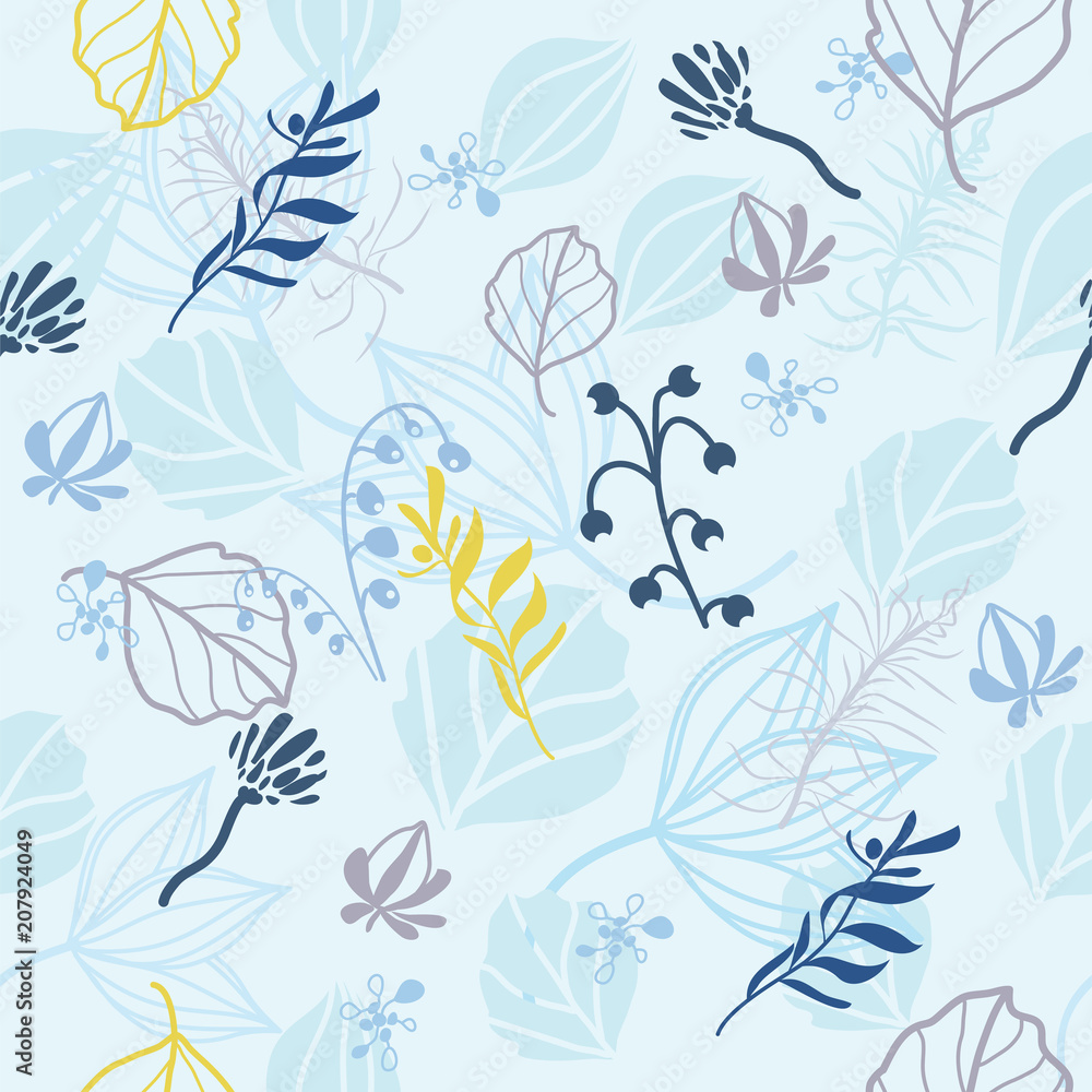 Print blue pattern with leaves and flowers Print blue pattern with leaves and flowers