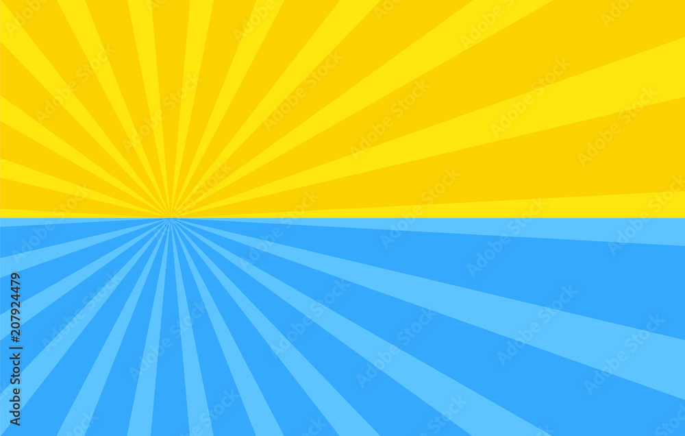 Obraz premium Abstract background with cartoon rays of yellow and blue color. Sun and ocean, summer template for your projects. The cartoon sun. Flat style